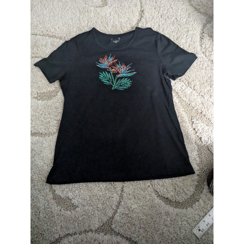 Coral Bay Womens Black Beaded Floral Short Sleeve bedazzled Tropical Crew Neck